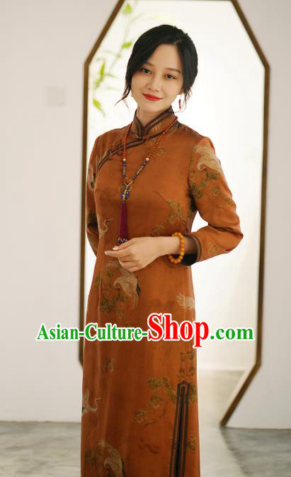 China Classical Cranes Pattern Brown Silk Qipao Dress National Printing Cheongsam China Classical Cranes Pattern Brown Silk Qipao Dress National Printing Cheongsam