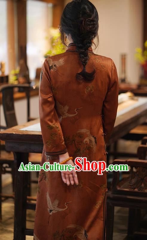 China Classical Cranes Pattern Brown Silk Qipao Dress National Printing Cheongsam China Classical Cranes Pattern Brown Silk Qipao Dress National Printing Cheongsam
