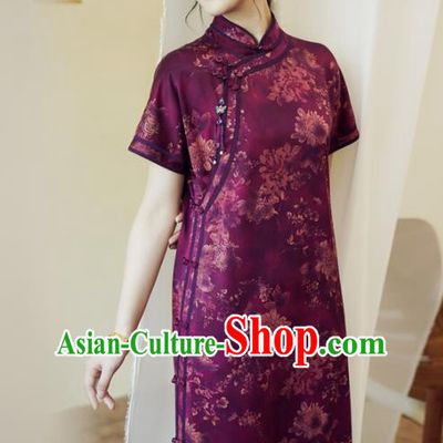 China Classical Purple Silk Qipao Dress National Printing Chrysanthemum Cheongsam