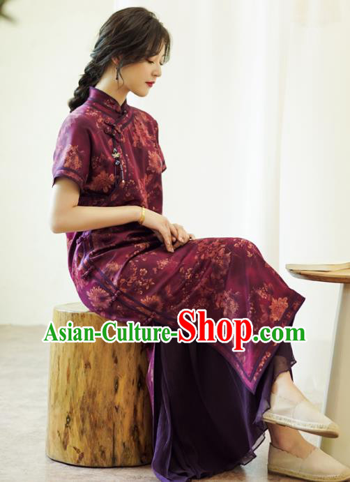 China Classical Purple Silk Qipao Dress National Printing Chrysanthemum Cheongsam China Classical Purple Silk Qipao Dress National Printing Chrysanthemum Cheongsam