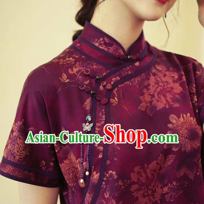 China Classical Purple Silk Qipao Dress National Printing Chrysanthemum Cheongsam China Classical Purple Silk Qipao Dress National Printing Chrysanthemum Cheongsam