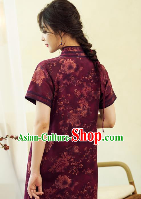 China Classical Purple Silk Qipao Dress National Printing Chrysanthemum Cheongsam China Classical Purple Silk Qipao Dress National Printing Chrysanthemum Cheongsam