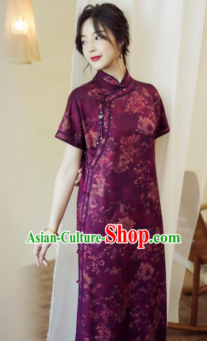 China Classical Purple Silk Qipao Dress National Printing Chrysanthemum Cheongsam China Classical Purple Silk Qipao Dress National Printing Chrysanthemum Cheongsam