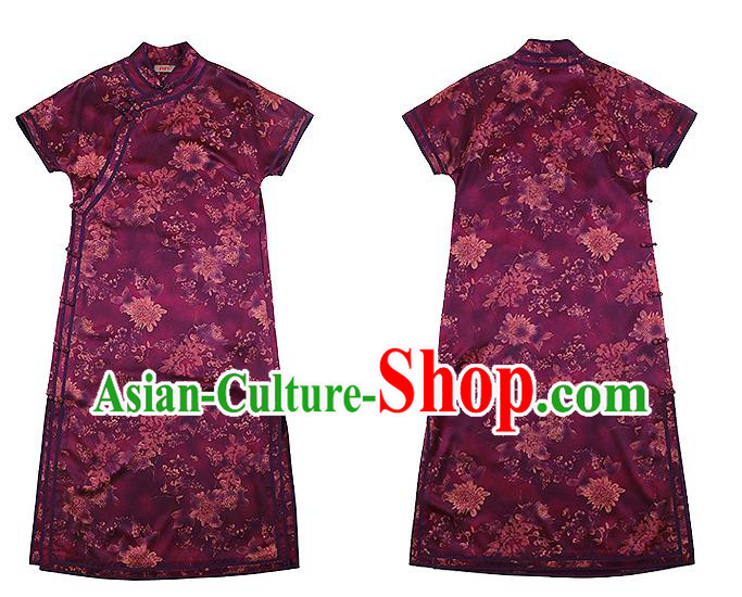 China Classical Purple Silk Qipao Dress National Printing Chrysanthemum Cheongsam China Classical Purple Silk Qipao Dress National Printing Chrysanthemum Cheongsam