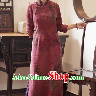 China Classical Printing Qipao Dress National Wine Red Silk Cheongsam