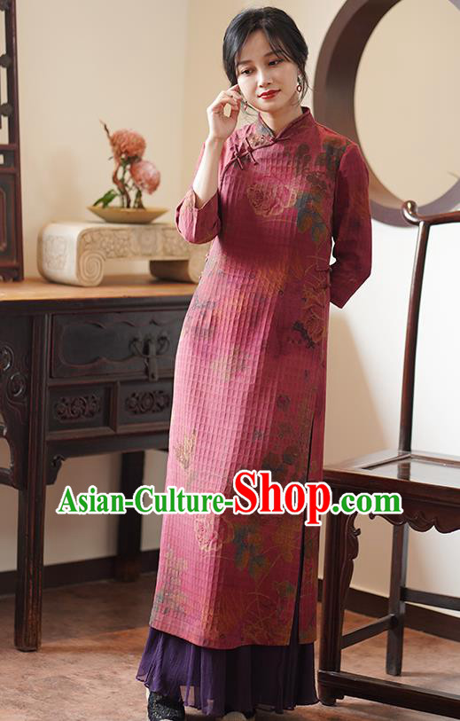 China Classical Printing Qipao Dress National Wine Red Silk Cheongsam China Classical Printing Qipao Dress National Wine Red Silk Cheongsam