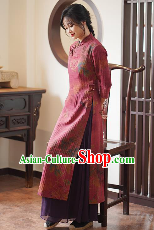 China Classical Printing Qipao Dress National Wine Red Silk Cheongsam China Classical Printing Qipao Dress National Wine Red Silk Cheongsam