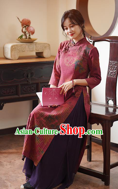 China Classical Printing Qipao Dress National Wine Red Silk Cheongsam China Classical Printing Qipao Dress National Wine Red Silk Cheongsam