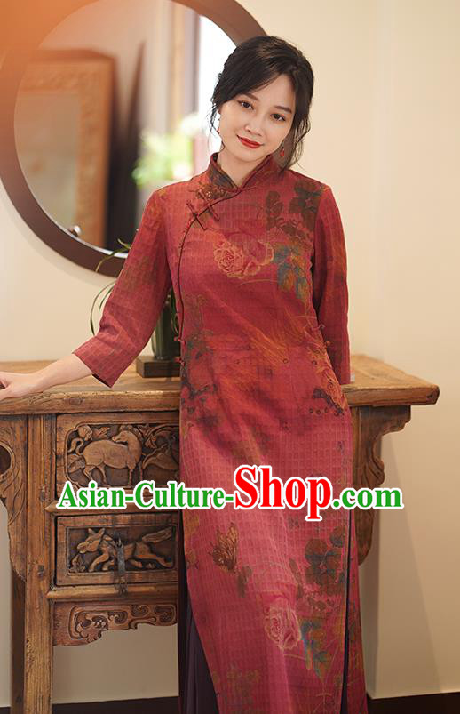 China Classical Printing Qipao Dress National Wine Red Silk Cheongsam China Classical Printing Qipao Dress National Wine Red Silk Cheongsam