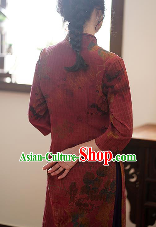 China Classical Printing Qipao Dress National Wine Red Silk Cheongsam China Classical Printing Qipao Dress National Wine Red Silk Cheongsam