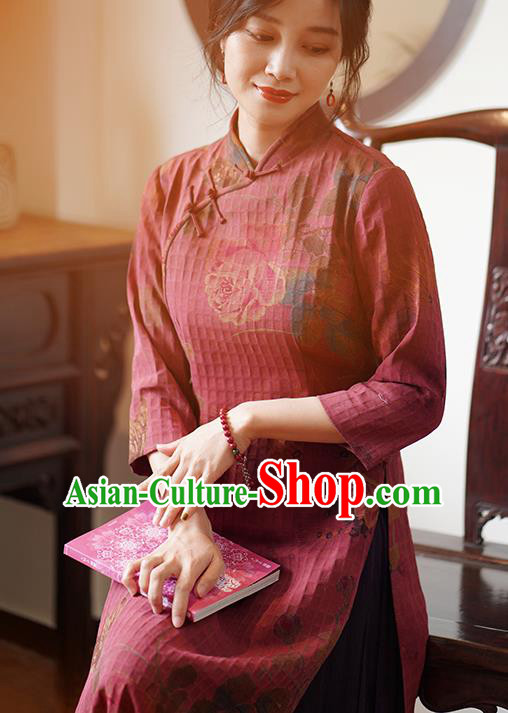 China Classical Printing Qipao Dress National Wine Red Silk Cheongsam China Classical Printing Qipao Dress National Wine Red Silk Cheongsam