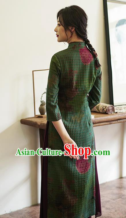 China National Green Silk Cheongsam Classical Printing Peony Butterfly Qipao Dress China National Green Silk Cheongsam Classical Printing Peony Butterfly Qipao Dress