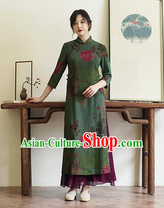 China National Green Silk Cheongsam Classical Printing Peony Butterfly Qipao Dress China National Green Silk Cheongsam Classical Printing Peony Butterfly Qipao Dress