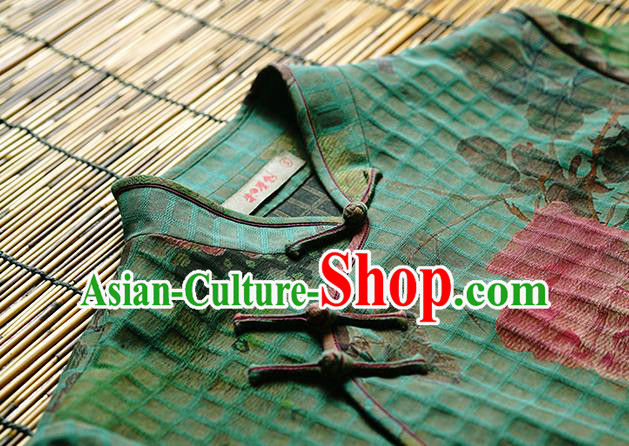 China National Green Silk Cheongsam Classical Printing Peony Butterfly Qipao Dress China National Green Silk Cheongsam Classical Printing Peony Butterfly Qipao Dress