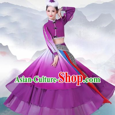 Chinese Traditional Mongolian Nationality Dance Clothing Mongol Ethnic Folk Dance Purple Dress Outfits