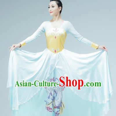 Chinese Fan Dance Printing Blue Outfits Classical Dance Stage Performance Clothing