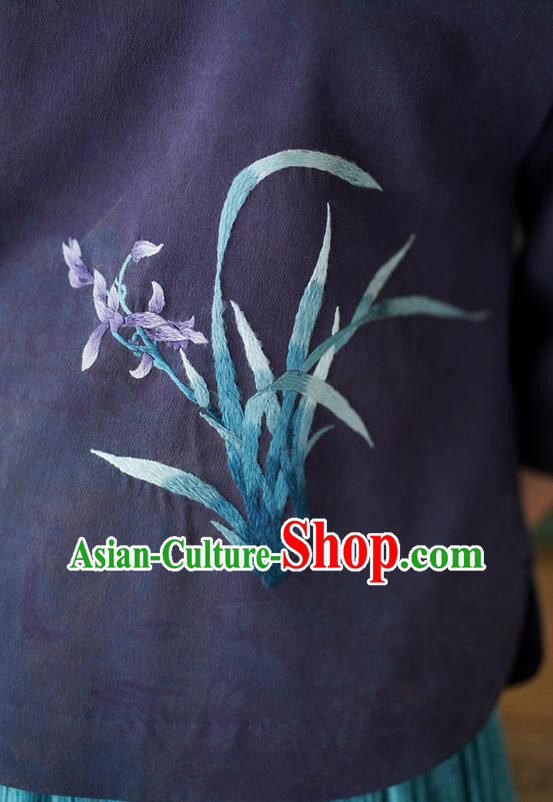 China Tang Suit Blouse National Women Clothing Classical Embroidered Orchids Purple Silk Shirt China Tang Suit Blouse National Women Clothing Classical Embroidered Orchids Purple Silk Shirt