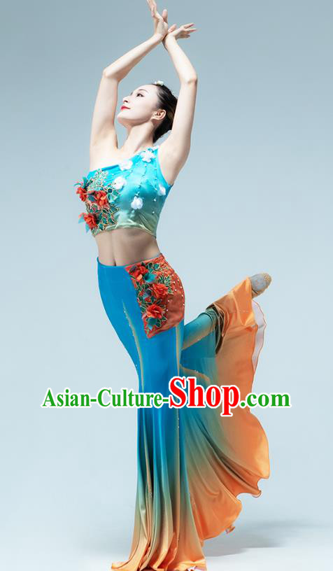 Chinese Traditional Dai Nationality Peacock Dance Blue Dress Outfits Yunnan Ethnic Performance Clothing Chinese Traditional Dai Nationality Peacock Dance Blue Dress Outfits Yunnan Ethnic Performance Clothing