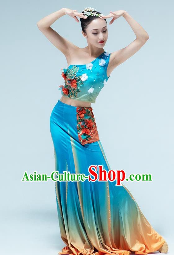 Chinese Traditional Dai Nationality Peacock Dance Blue Dress Outfits Yunnan Ethnic Performance Clothing Chinese Traditional Dai Nationality Peacock Dance Blue Dress Outfits Yunnan Ethnic Performance Clothing