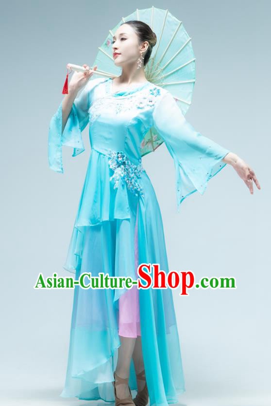 Chinese Umbrella Dance Performance Clothing Classical Dance Blue Dress Outfits Chinese Umbrella Dance Performance Clothing Classical Dance Blue Dress Outfits