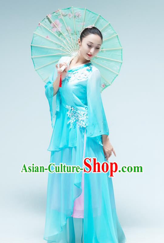 Chinese Umbrella Dance Performance Clothing Classical Dance Blue Dress Outfits Chinese Umbrella Dance Performance Clothing Classical Dance Blue Dress Outfits