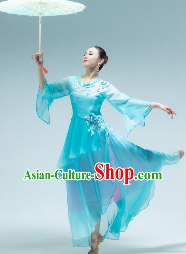 Chinese Umbrella Dance Performance Clothing Classical Dance Blue Dress Outfits Chinese Umbrella Dance Performance Clothing Classical Dance Blue Dress Outfits