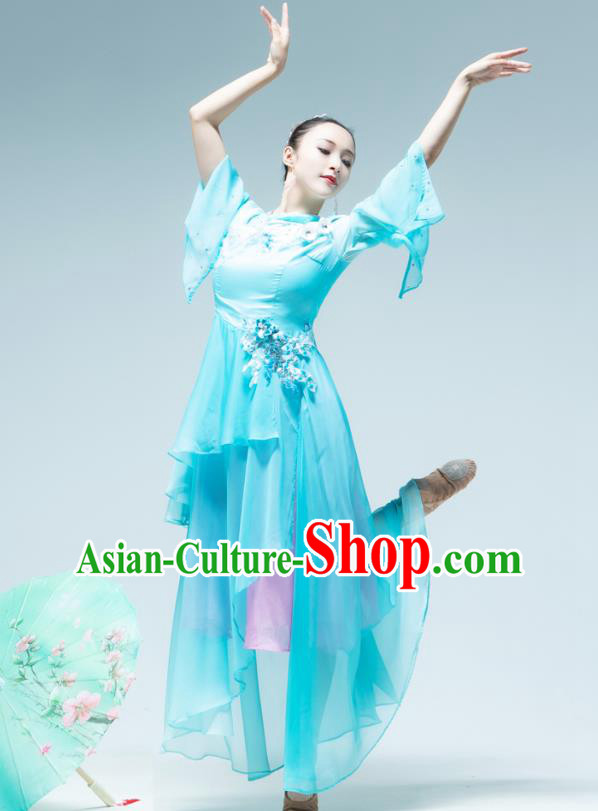 Chinese Umbrella Dance Performance Clothing Classical Dance Blue Dress Outfits Chinese Umbrella Dance Performance Clothing Classical Dance Blue Dress Outfits