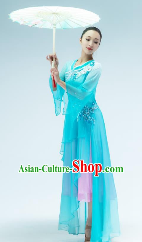 Chinese Umbrella Dance Performance Clothing Classical Dance Blue Dress Outfits Chinese Umbrella Dance Performance Clothing Classical Dance Blue Dress Outfits