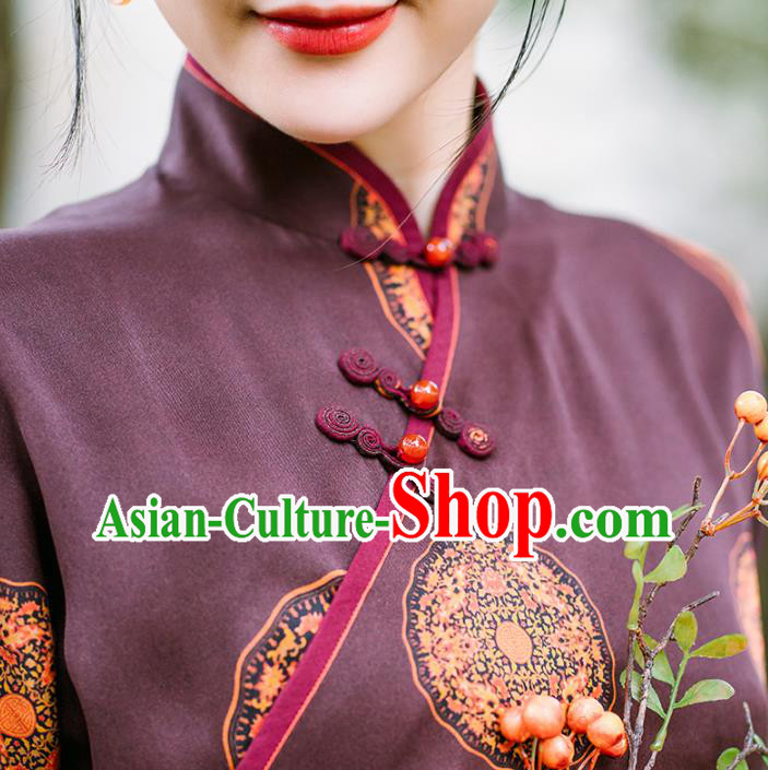 China National Young Lady Cheongsam Classical Purple Silk Qipao Dress Clothing China National Young Lady Cheongsam Classical Purple Silk Qipao Dress Clothing