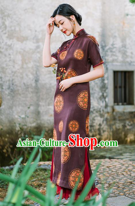 China National Young Lady Cheongsam Classical Purple Silk Qipao Dress Clothing China National Young Lady Cheongsam Classical Purple Silk Qipao Dress Clothing
