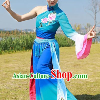 Chinese Fan Dance Clothing Folk Dance Yangko Dance Stage Performance Blue Outfits