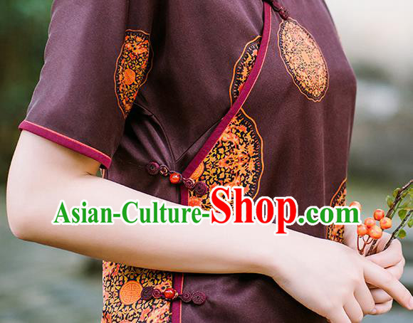 China National Young Lady Cheongsam Classical Purple Silk Qipao Dress Clothing China National Young Lady Cheongsam Classical Purple Silk Qipao Dress Clothing