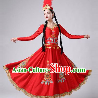 Chinese Xinjiang Ethnic Stage Performance Clothing Traditional Uyghur Nationality Folk Dance Red Dress