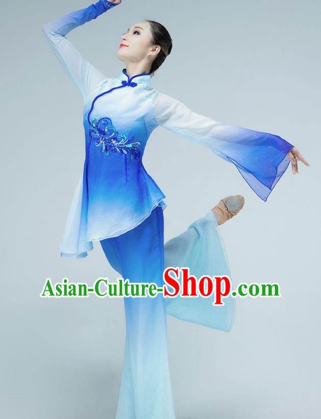 Chinese Folk Dance Blue Outfits Jiaozhou Yangko Dance Fan Dance Clothing Chinese Folk Dance Blue Outfits Jiaozhou Yangko Dance Fan Dance Clothing