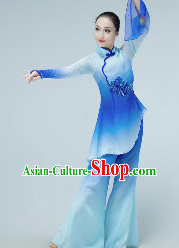 Chinese Folk Dance Blue Outfits Jiaozhou Yangko Dance Fan Dance Clothing Chinese Folk Dance Blue Outfits Jiaozhou Yangko Dance Fan Dance Clothing