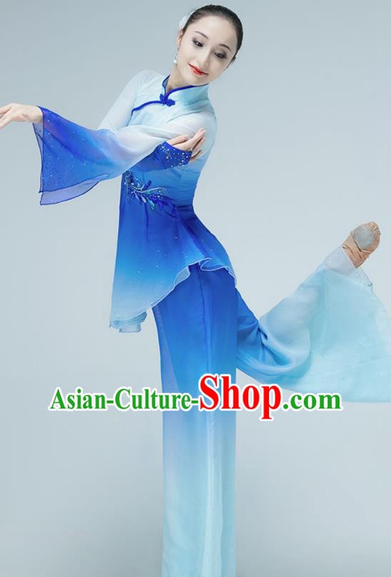 Chinese Folk Dance Blue Outfits Jiaozhou Yangko Dance Fan Dance Clothing Chinese Folk Dance Blue Outfits Jiaozhou Yangko Dance Fan Dance Clothing