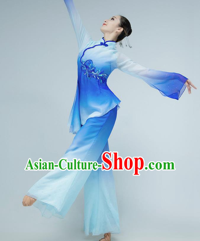 Chinese Folk Dance Blue Outfits Jiaozhou Yangko Dance Fan Dance Clothing Chinese Folk Dance Blue Outfits Jiaozhou Yangko Dance Fan Dance Clothing