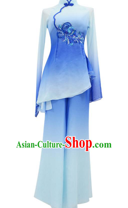 Chinese Folk Dance Blue Outfits Jiaozhou Yangko Dance Fan Dance Clothing Chinese Folk Dance Blue Outfits Jiaozhou Yangko Dance Fan Dance Clothing