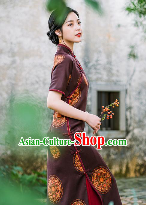 China National Young Lady Cheongsam Classical Purple Silk Qipao Dress Clothing China National Young Lady Cheongsam Classical Purple Silk Qipao Dress Clothing
