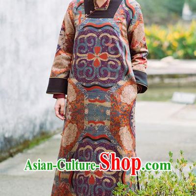 China Tang Suit Winter Long Gown National Women Clothing Classical Silk Cotton Wadded Coat