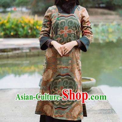 China Classical Green Silk Cotton Wadded Coat Tang Suit Winter Long Gown National Women Clothing