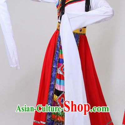 Chinese Traditional Zang Nationality Water Sleeve Dance Clothing Xizang Tibetan Ethnic Folk Dance Red Dress