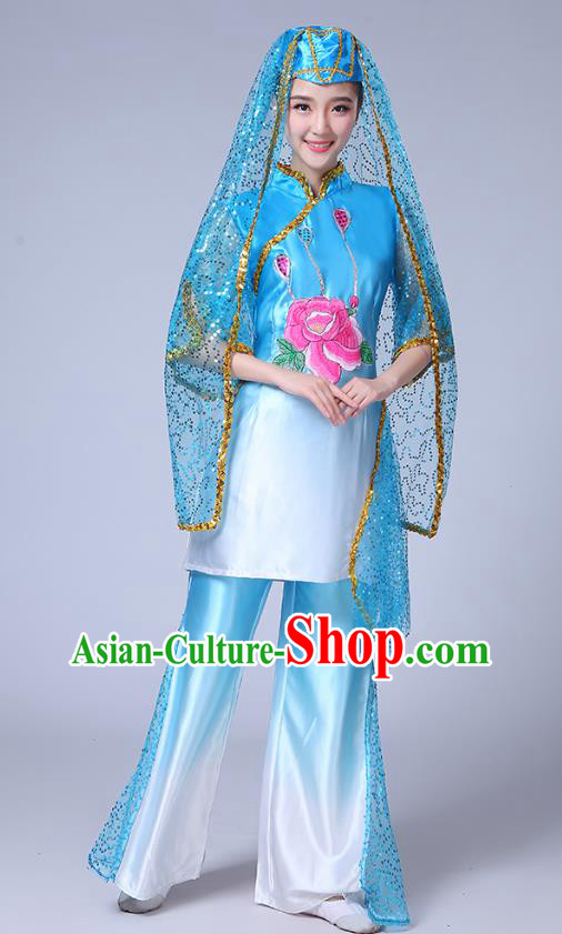 Chinese Ningxia Ethnic Folk Dance Blue Outfits Traditional Hui Nationality Bride Dance Clothing Chinese Ningxia Ethnic Folk Dance Blue Outfits Traditional Hui Nationality Bride Dance Clothing