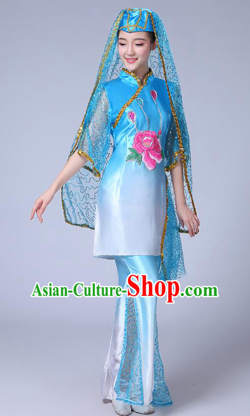 Chinese Ningxia Ethnic Folk Dance Blue Outfits Traditional Hui Nationality Bride Dance Clothing Chinese Ningxia Ethnic Folk Dance Blue Outfits Traditional Hui Nationality Bride Dance Clothing
