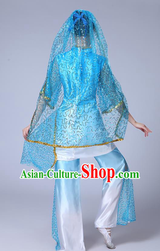 Chinese Ningxia Ethnic Folk Dance Blue Outfits Traditional Hui Nationality Bride Dance Clothing Chinese Ningxia Ethnic Folk Dance Blue Outfits Traditional Hui Nationality Bride Dance Clothing