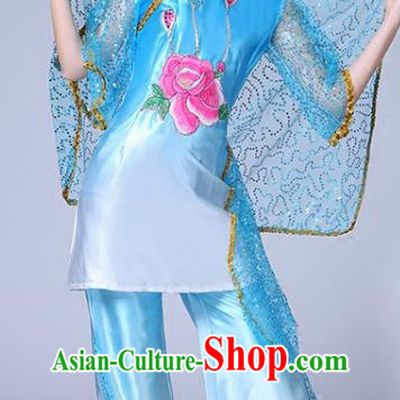 Chinese Ningxia Ethnic Folk Dance Blue Outfits Traditional Hui Nationality Bride Dance Clothing