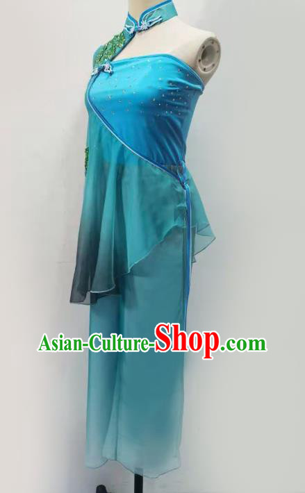 China Folk Dance Clothing Fan Dance Costume Yangko Dance Blue Outfits China Folk Dance Clothing Fan Dance Costume Yangko Dance Blue Outfits