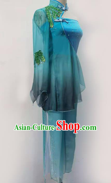 China Folk Dance Clothing Fan Dance Costume Yangko Dance Blue Outfits China Folk Dance Clothing Fan Dance Costume Yangko Dance Blue Outfits