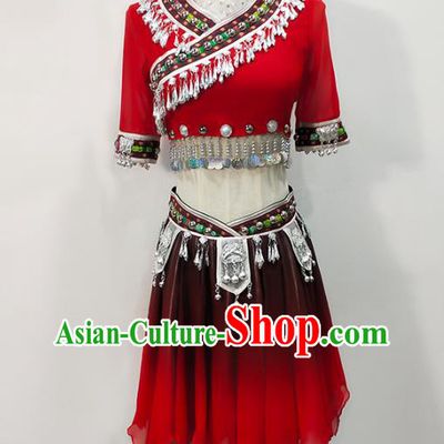 Chinese Xiangxi Hmong Ethnic Folk Dance Dress Traditional Miao Nationality Stage Performance Red Outfits Clothing