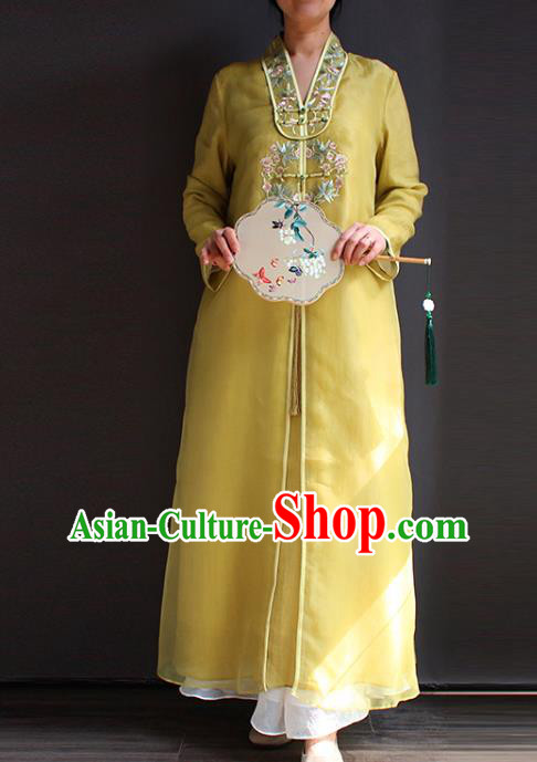 China National Embroidered Young Lady Cheongsam Classical Yellow Silk Qipao Dress Clothing China National Embroidered Young Lady Cheongsam Classical Yellow Silk Qipao Dress Clothing
